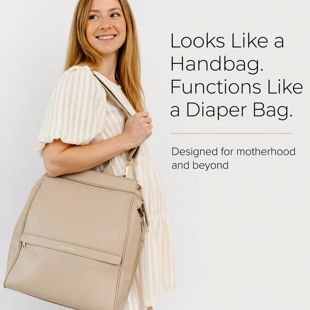 Mia + Sophia Vegan Leather Diaper Bag Backpack USB Port Beige