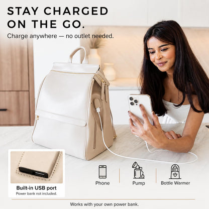 Mia + Sophia Vegan Leather Diaper Bag Backpack USB Port Beige
