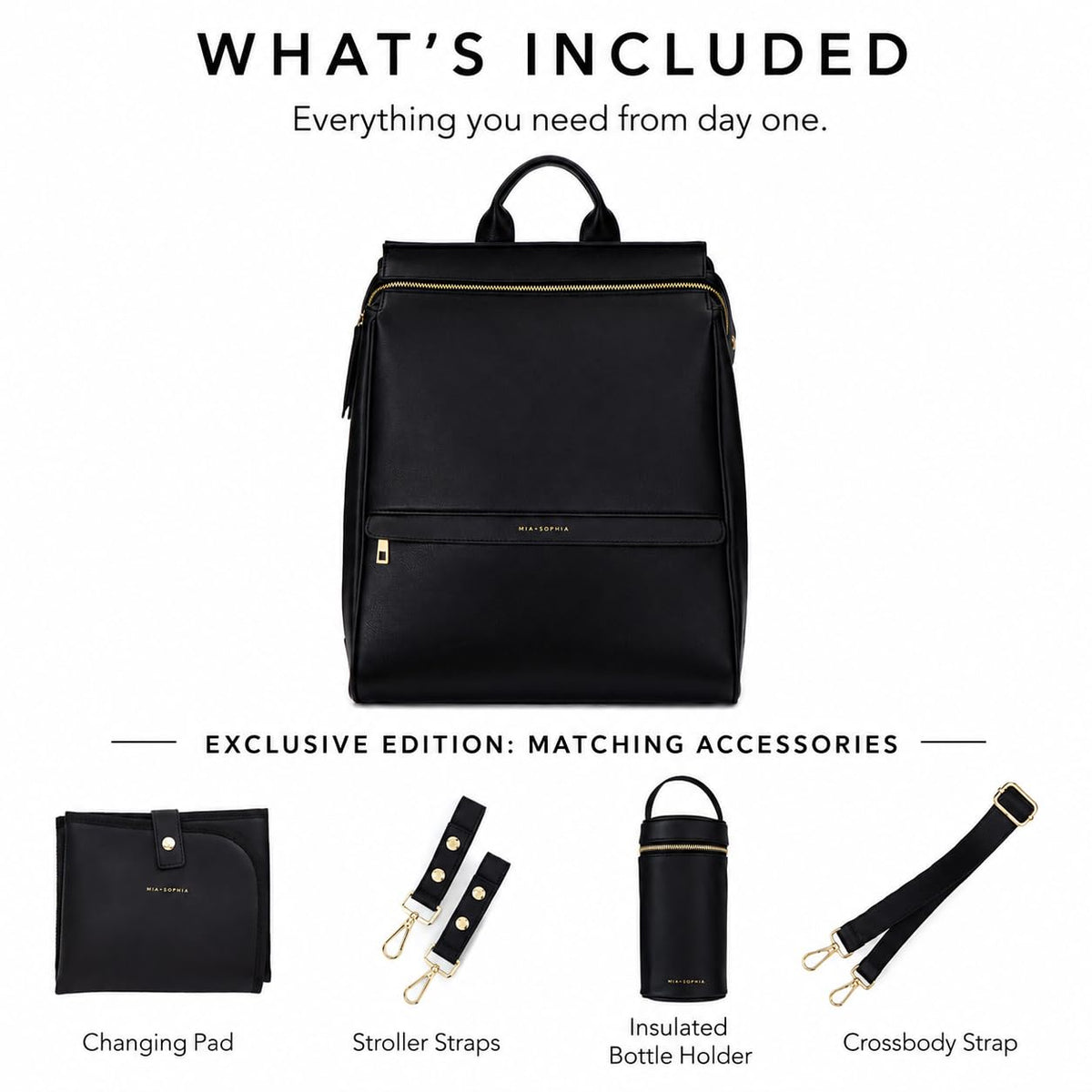 Mia + Sophia Vegan Leather Diaper Bag Backpack Black Sophia M
