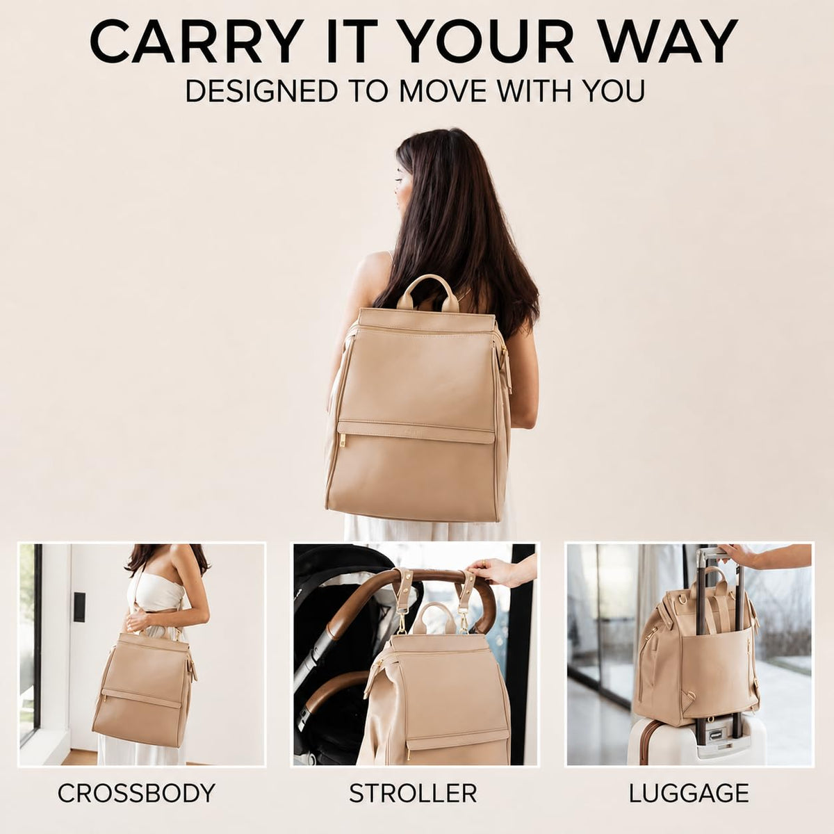 Mia + Sophia Vegan Leather Diaper Bag Backpack USB Port Beige