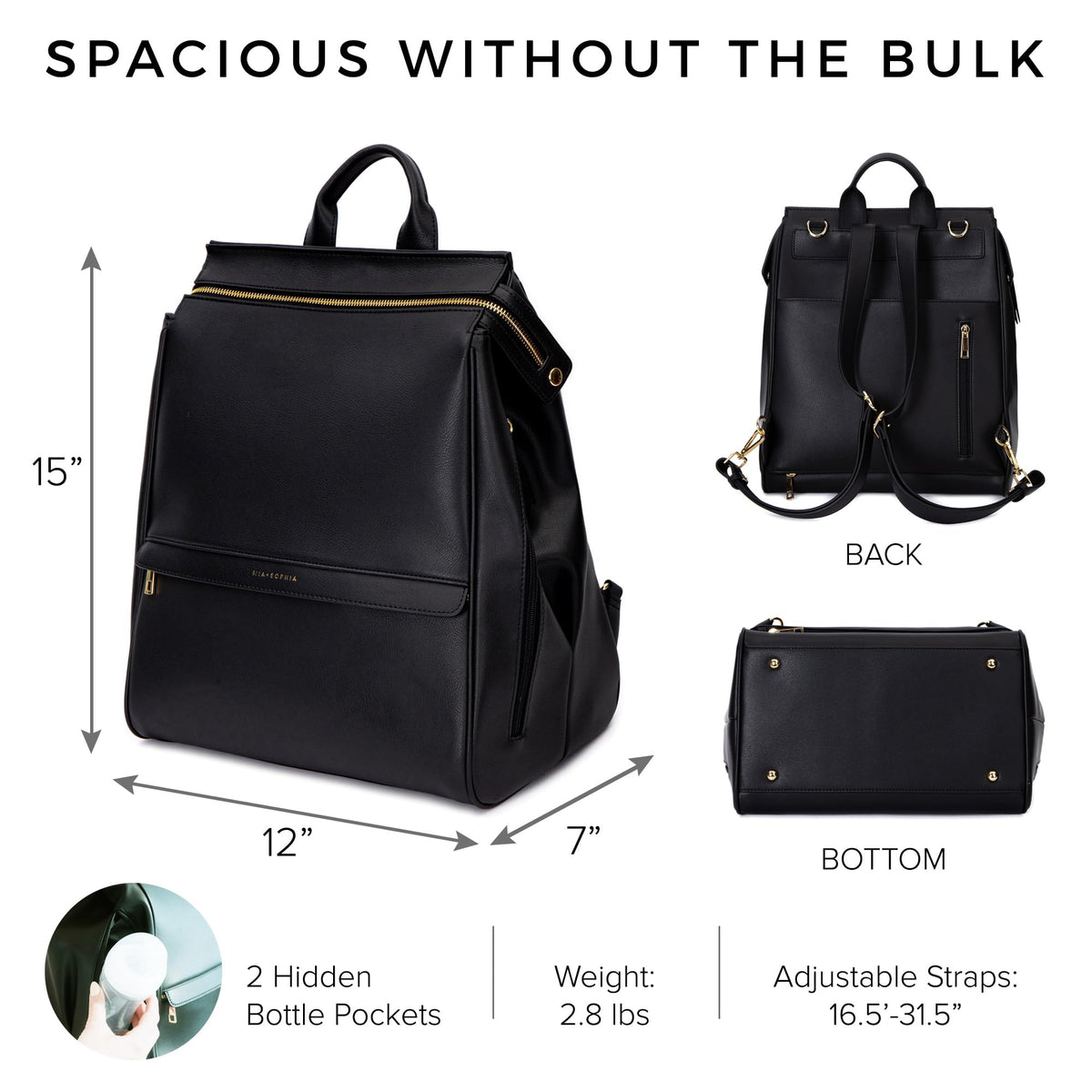 Mia + Sophia Vegan Leather Diaper Bag Backpack Black Sophia M