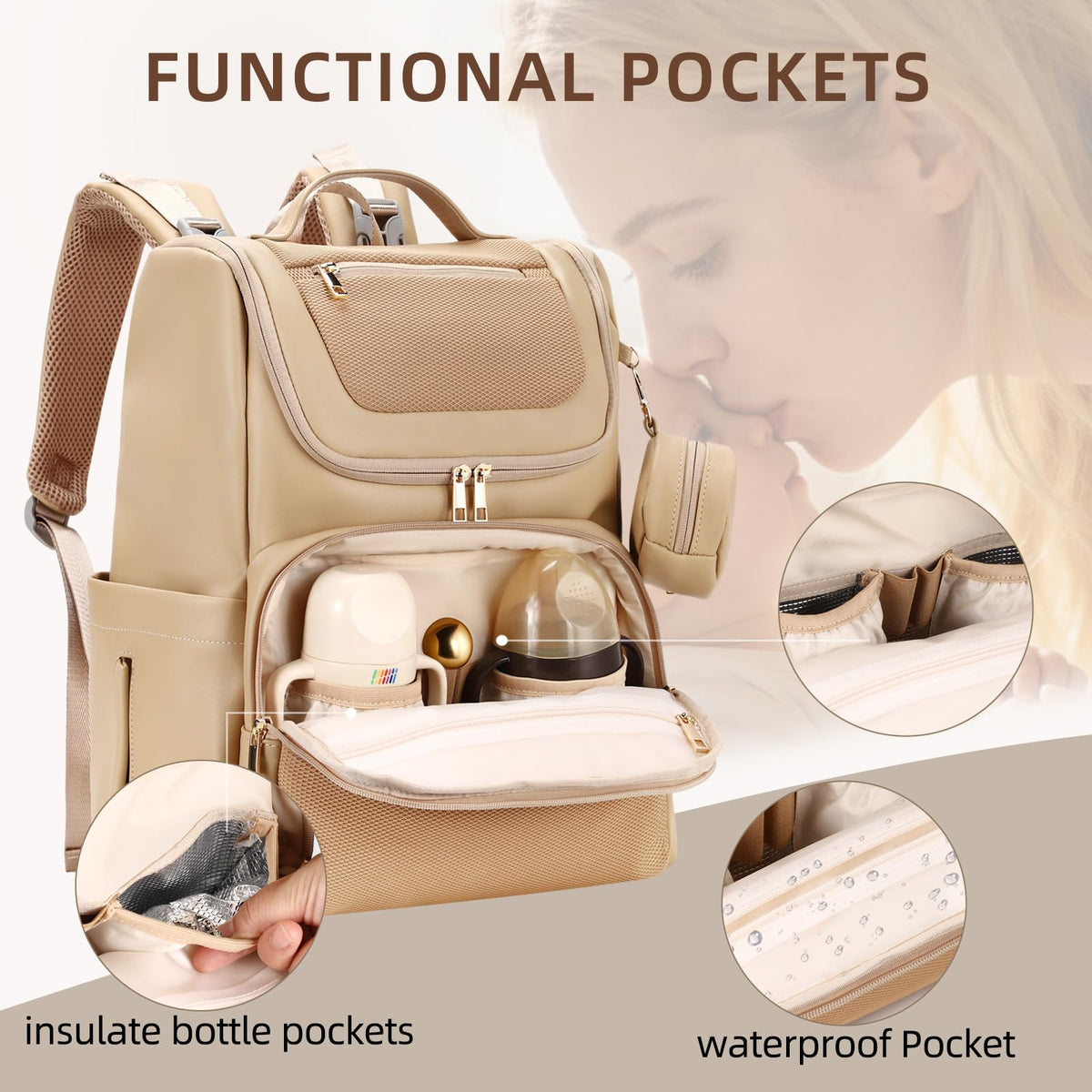 Vosmles Large Neoprene Diaper Bag Backpack with Changing Pad – Khaki