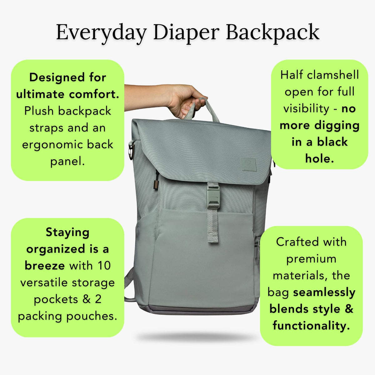 Huhu Diaper Bag Backpack | Water-Resistant | Outdoorsy Sage