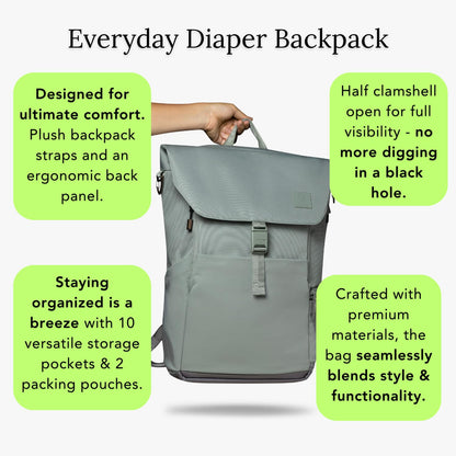 Huhu Diaper Bag Backpack | Water-Resistant | Outdoorsy Sage