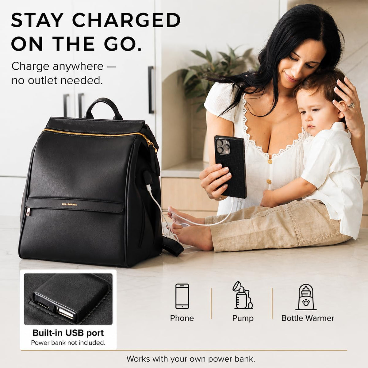 Mia + Sophia Vegan Leather Diaper Bag Backpack Black Sophia M