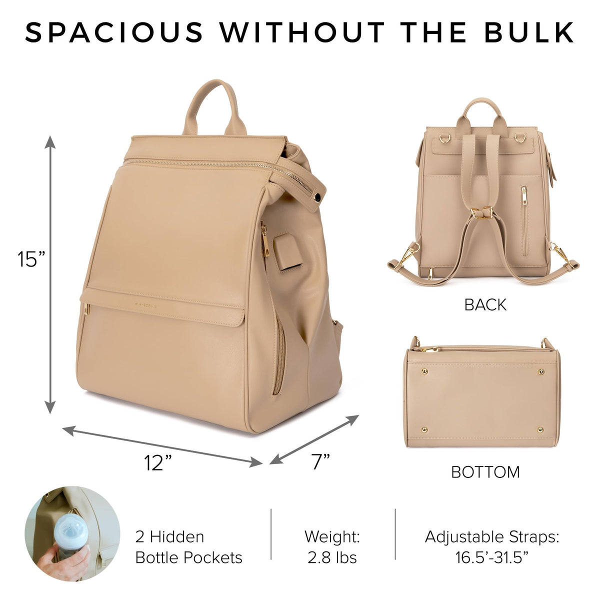 Mia + Sophia Vegan Leather Diaper Bag Backpack USB Port Beige