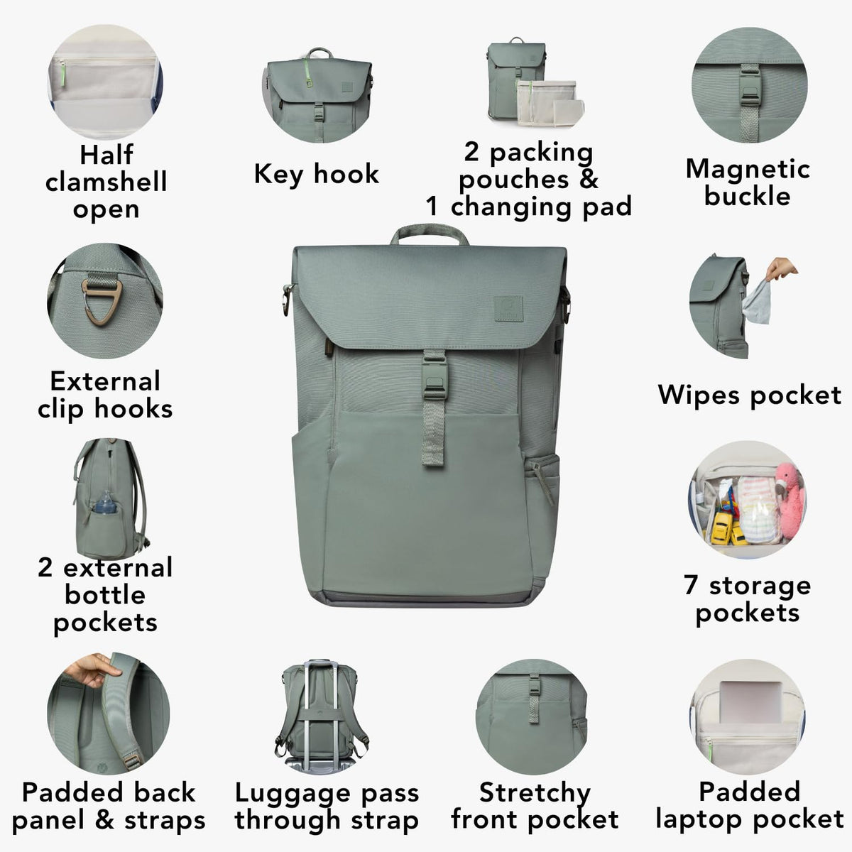 Huhu Diaper Bag Backpack | Water-Resistant | Outdoorsy Sage