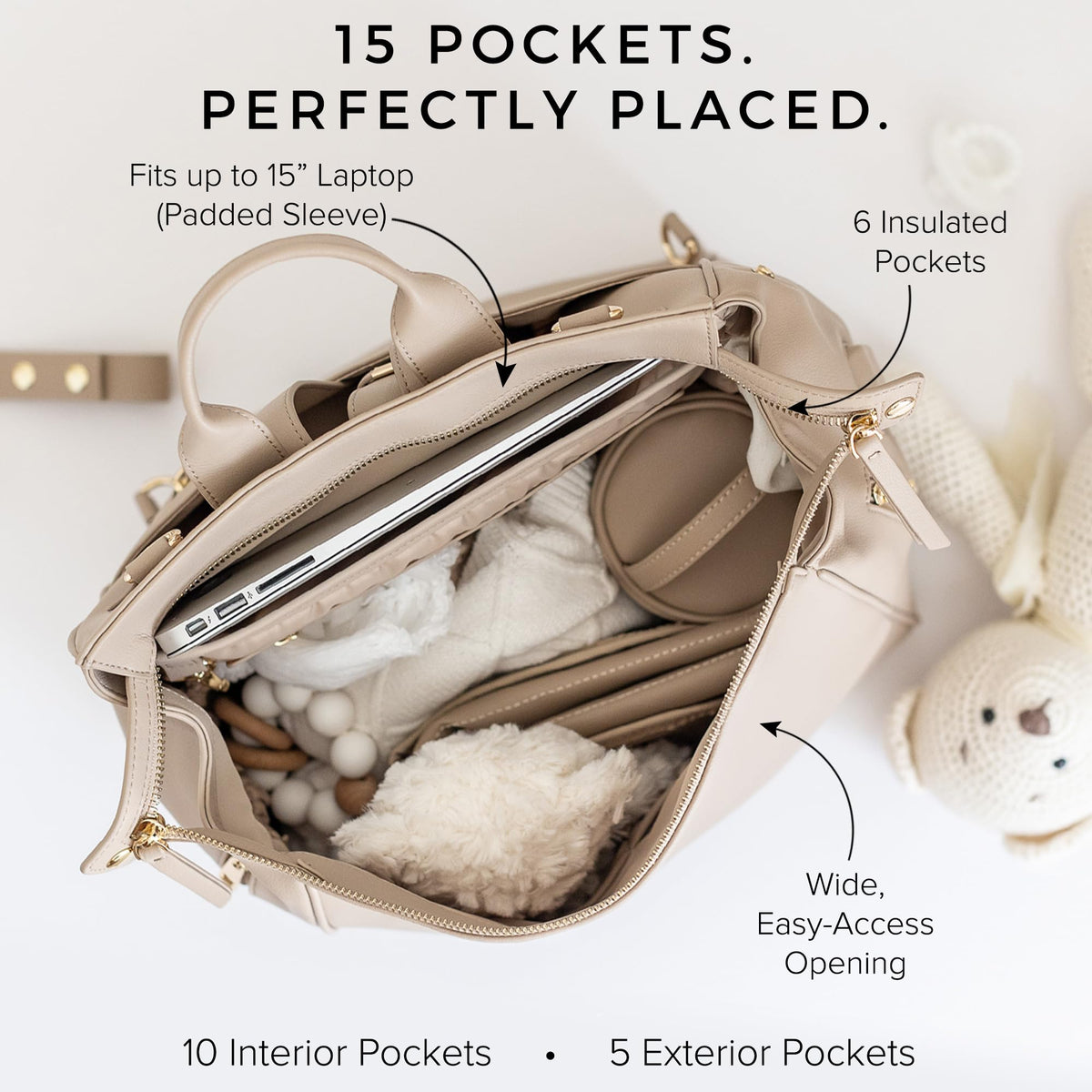 Mia + Sophia Vegan Leather Diaper Bag Backpack USB Port Beige