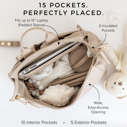 Mia + Sophia Vegan Leather Diaper Bag Backpack USB Port Beige