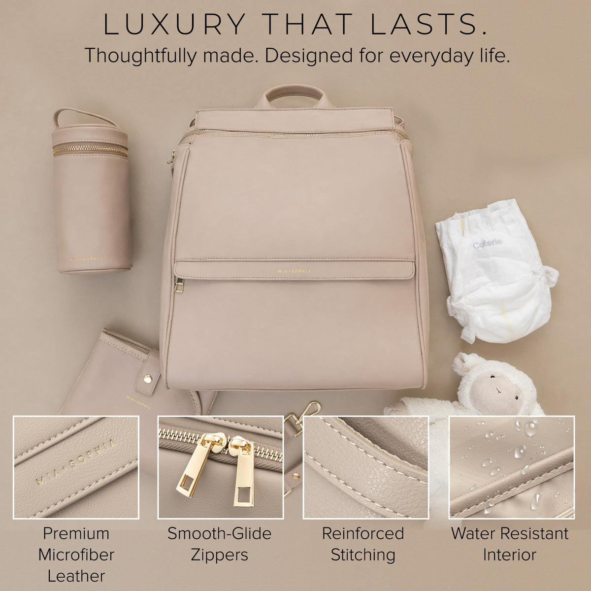Mia + Sophia Vegan Leather Diaper Bag Backpack USB Port Beige