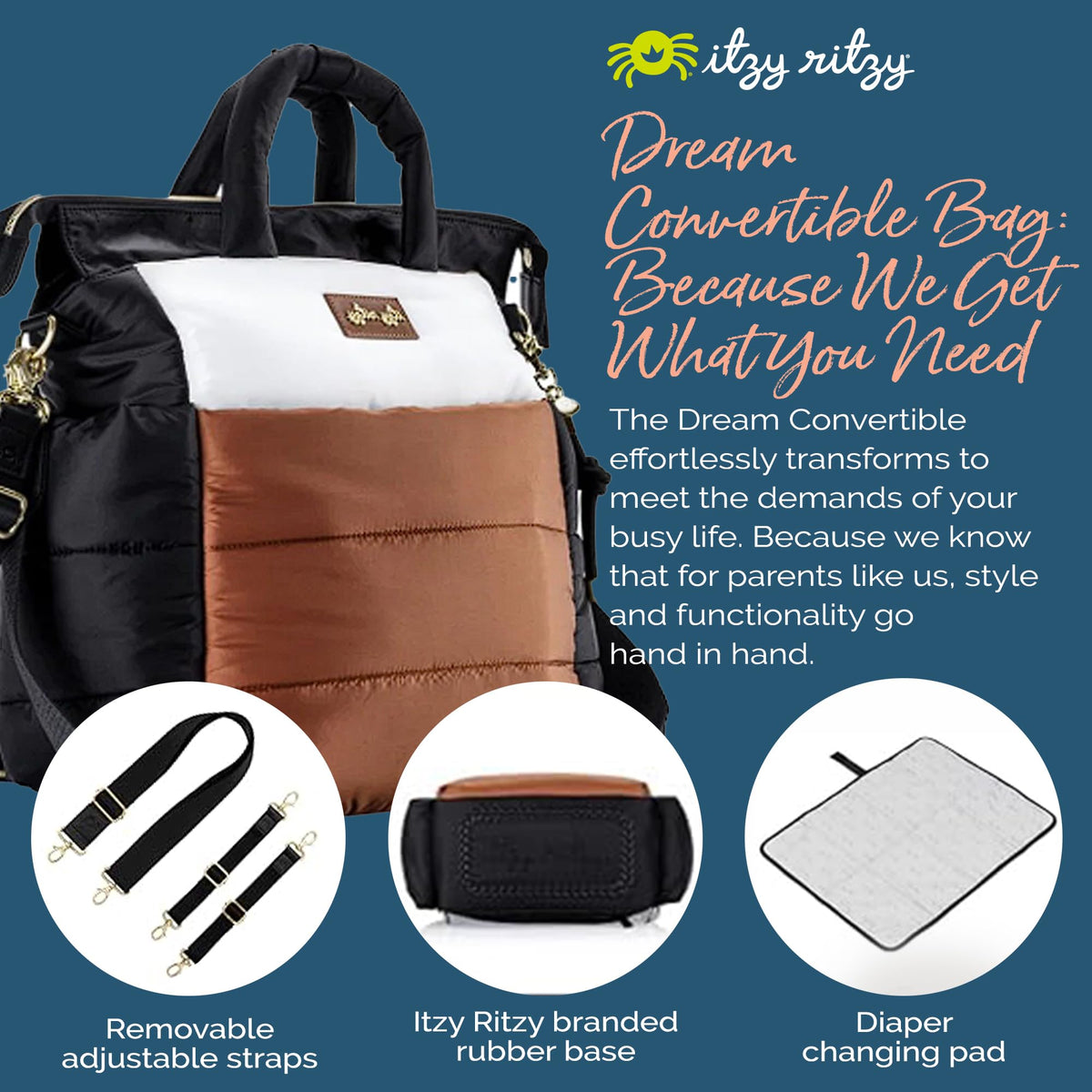 Itzy Ritzy Dream Convertible Diaper Bag 14 Pockets | Coffee & Cream
